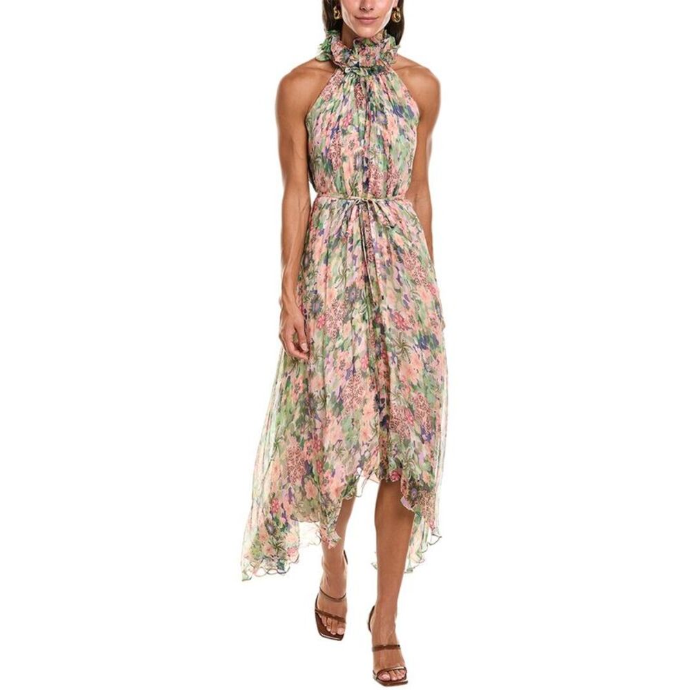 Saloni Womens  Iris Crinkle Silk Chiffon Midi Dress, Pink